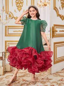 SHEIN 青少女寬鬆休閒色塊荷葉邊連衣裙 - 綠色 - 查看 5