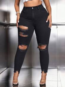 SHEIN SXY Kích thước lớn Đen Đau khổ Thon gọn Quần jean - màu đen - Xem 6