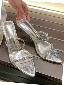 女士尖頭鑲鑽細高跟涼鞋,露趾開口和腳踝帶 - 銀色 - 查看 4