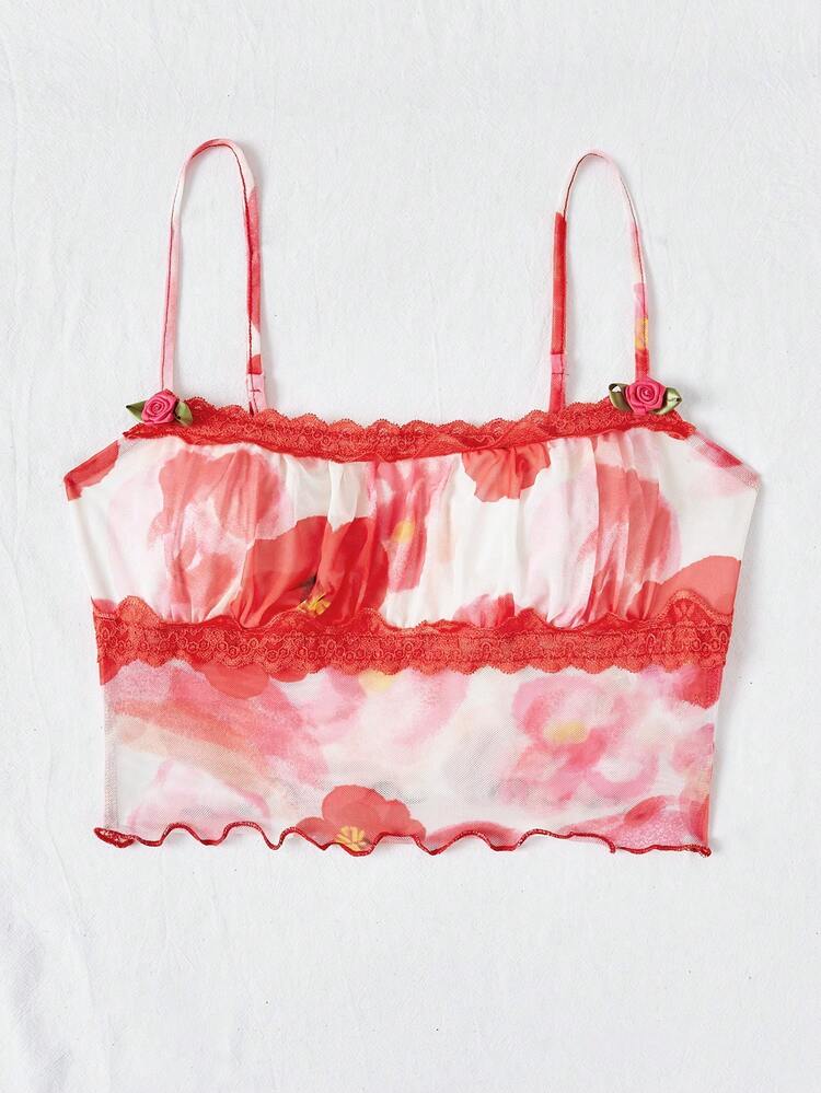 Ladies' Floral Printed Lace Patchwork Camisole Top With Ruffle Hem