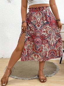 SHEIN Frenchy 大尺碼夏日假日波西米亞風格開叉裙 - 紅色 - 查看 1