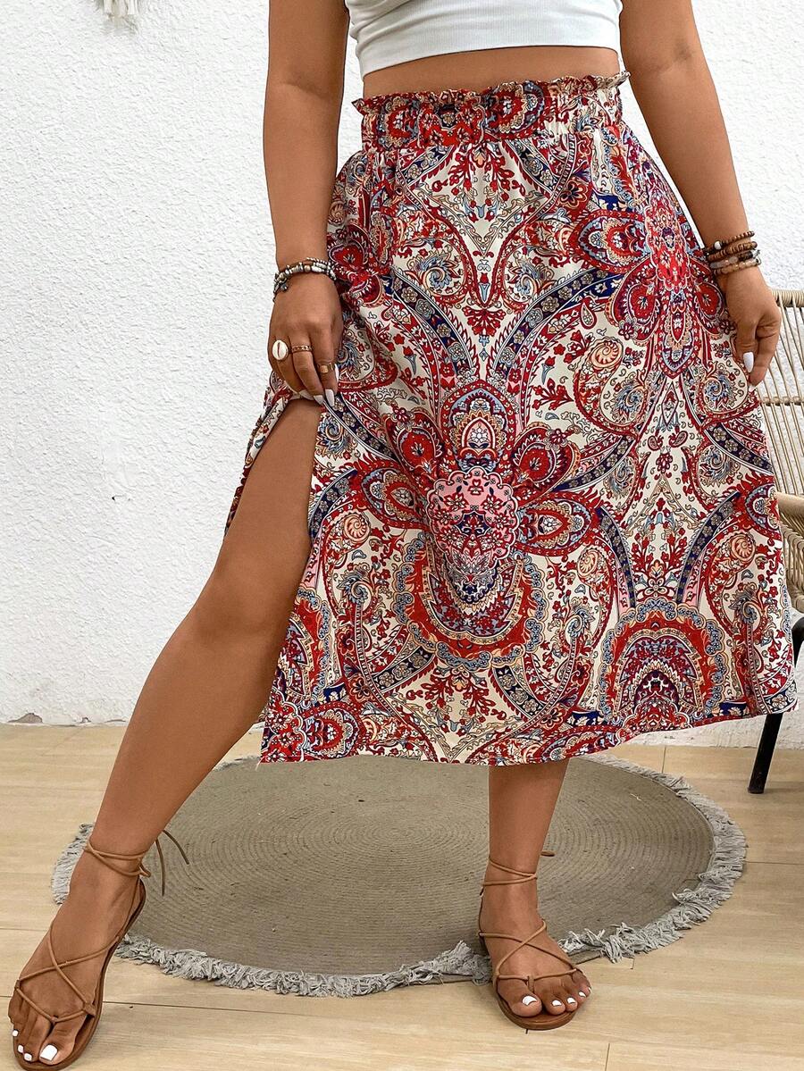 SHEIN Frenchy 大尺碼夏日假日波西米亞風格開叉裙 - 紅色 - 查看 1