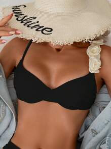 SHEIN Swim Summer Beach Solid Color Spaghetti Straps Bikini Top With 3d Floral Decor - Black - View 1