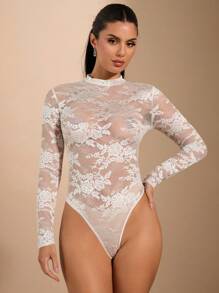 SHEIN BAE Women's Long Sleeve Lace Bodysuit - أبيض - مشاهدة 6