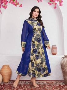 Mulvari Plus Size Floral Patchwork Print Tie Waist Long Sleeve Dress - Blue - View 6