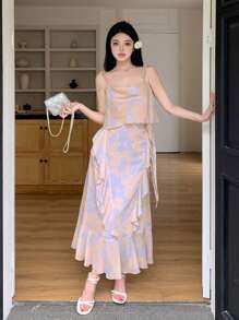 DAZY Women's Spaghetti Strap Sleeveless Ruffle Hem Chiffon Dress Sundress - Purple - View 1