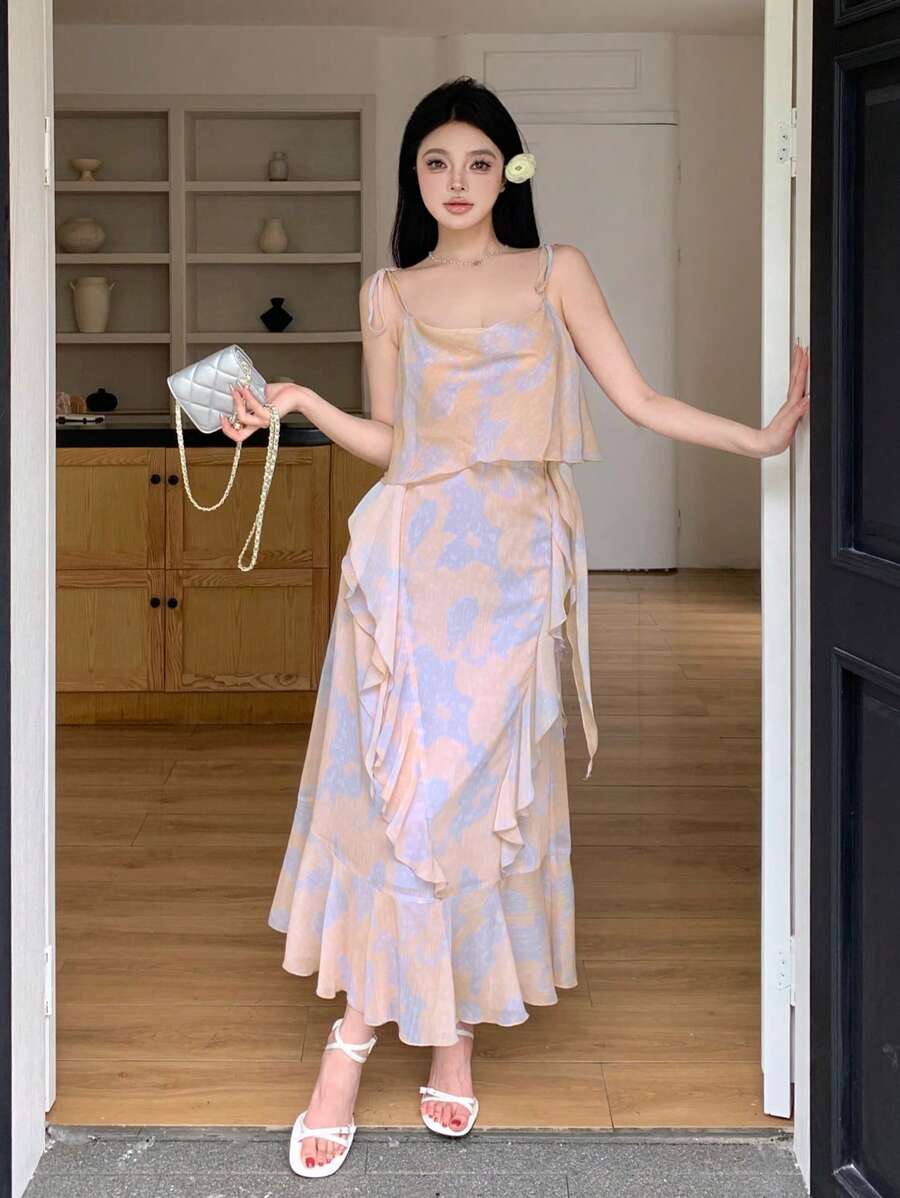 DAZY Women's Spaghetti Strap Sleeveless Ruffle Hem Chiffon Dress Sundress - Purple - View 1