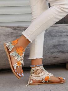 2024新款夏季青年学生时尚心形绑带平底凉鞋，花朵装饰，轻松搭配户外活动 - 彩色 - 查看 2