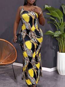 Maweii 大碼豹紋鏈帶魚尾背心連衣裙 - 黃色 - 查看 3
