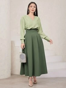 Modelyn 女士纯色蝙蝠袖上衣和高腰百褶裙套装 2 件套 - 綠色 - 查看 6