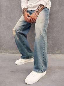 Manfinity EMRG Men Cotton Ripped Frayed Bleach Wash Straight Leg Jeans - Light Wash - View 1