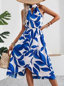 Breezaya 女士v領拼接葉子印花連身裙 - 藍白色 - 查看 5