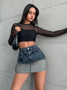 ZIRRA Chân váy denim ngắn màu xanh nhạt dành cho nữ, có viền tương phản. - Rửa tối - Xem 5