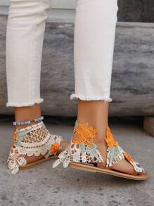 2024新款夏季青年学生时尚心形绑带平底凉鞋，花朵装饰，轻松搭配户外活动 - 彩色 - 查看 5