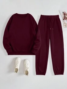INAWLY Solid Color Round Neck Loose Drop Shoulder Sweatshirt And Ribbed Hem Jogger Pants - Burgundy - View 7