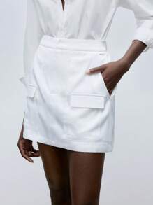 Maija Women's Solid Color Flap Pocket Skirt - White - View 8