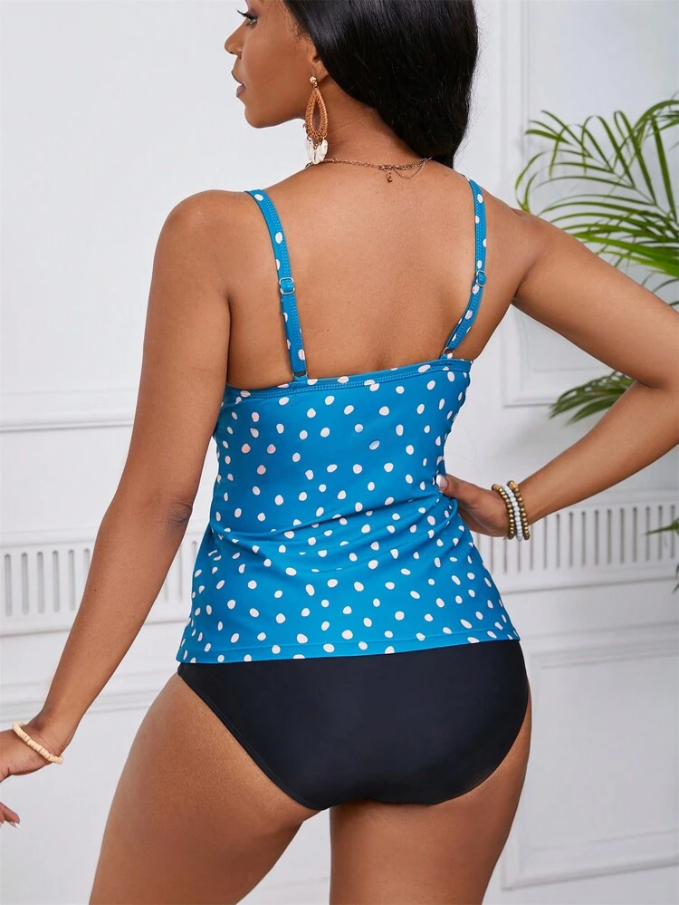 Women's Polka Dot Print Twist Knot Tankini Set With Straps, Beach Outfit Bathing Suit Summer