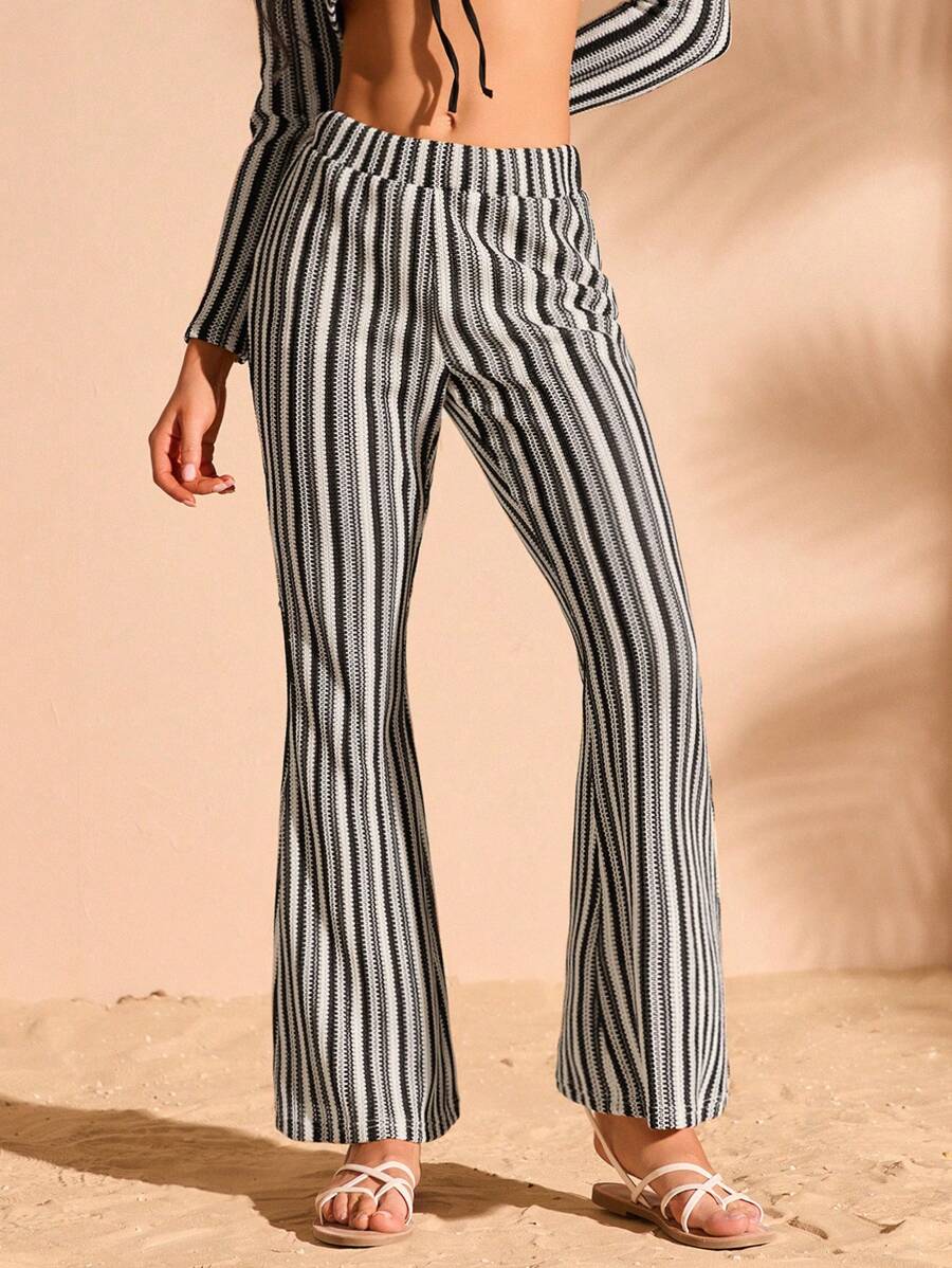 Forever 21 Vacation Casual Striped Crochet Flared Pants - Black and White - View 1