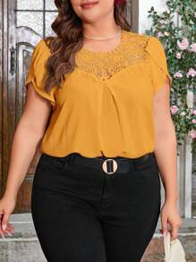 SHEIN Clasi Plus Size Lace Patchwork Round Neck Petal Sleeve Shirt With Ruffle Trim - Yellow - View 2