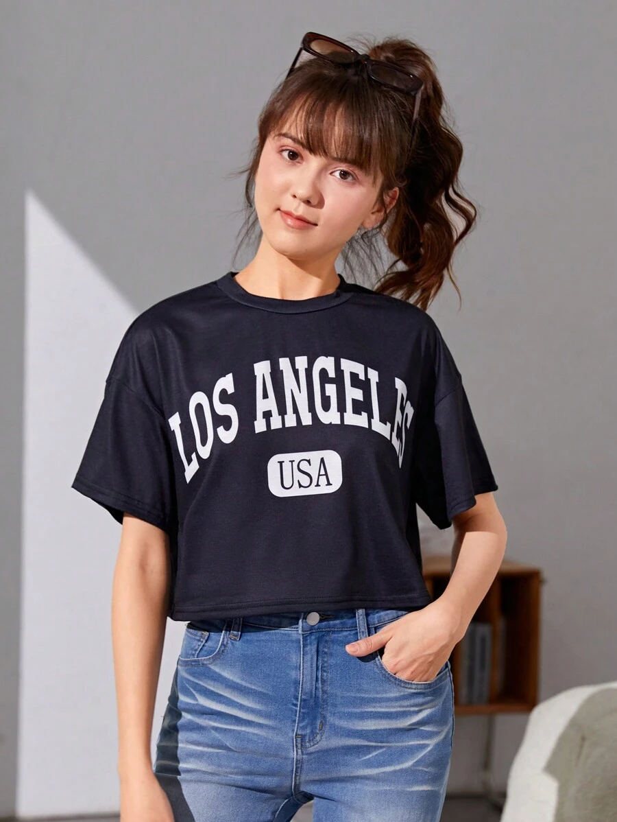 Thiếu niên Cô gái Lỏng lẻo Ngắn Top Cây trồng Áo thun Với In thư Ba Bộ - Nhiều màu - Xem 1