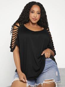 SHEIN CURVE+ Plus Size Women's V-Neck Short Sleeve Ripped T-Shirt - Black - View 7