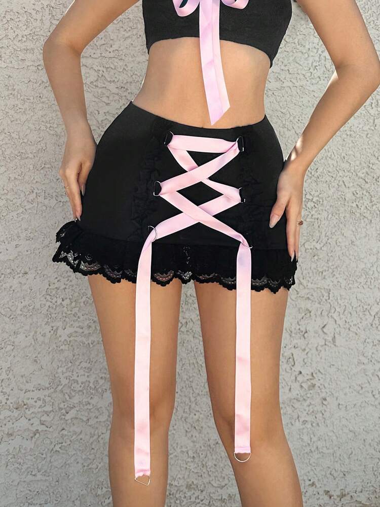 Low Waist Crossed Tie Spliced Lace Skirt With Ruffled Hem