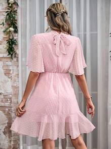 SHEIN LUNE 女士荷葉領短袖洋裝,配鑽石開叉領線 - 粉色 - 查看 2