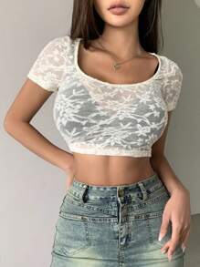 DAZY Áo Crop Top Ren Bodycon Trong Suốt Cho Nữ - trắng - Xem 3