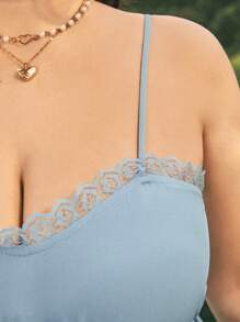 Dreamara Plus Size Nữ Màu Xanh Bọc Thắt Nơ Bên Ren Chia Spaghetti Dây Romper Áo Liền Quần - Màu xanh lam - Xem 6