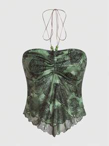 ROMWE Hippie Top halter de tie dye con estampado de paisley fruncido - Multicolor - Ver 1