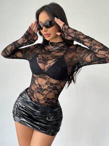 EgrlEra Parte superior de manga larga de ajuste ceñido con ribete de encaje, conjunto de estilo Y2K