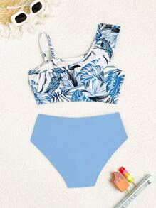 Tween Girl Plant Printed Bikini Set Summer Beach - Multicolor - View 2