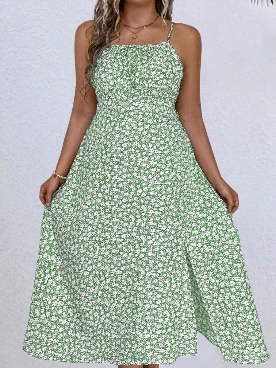 SHEIN LUNE Váy dây mảnh in hoa mùa hè cỡ lớn - màu xanh lá - Xem 1