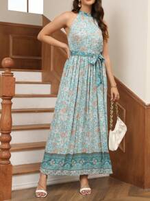 Breezaya Giường đôi In Mô hình hoa Eo Thắt lưng Halter Neck Đầm - Nhiều màu - Xem 4