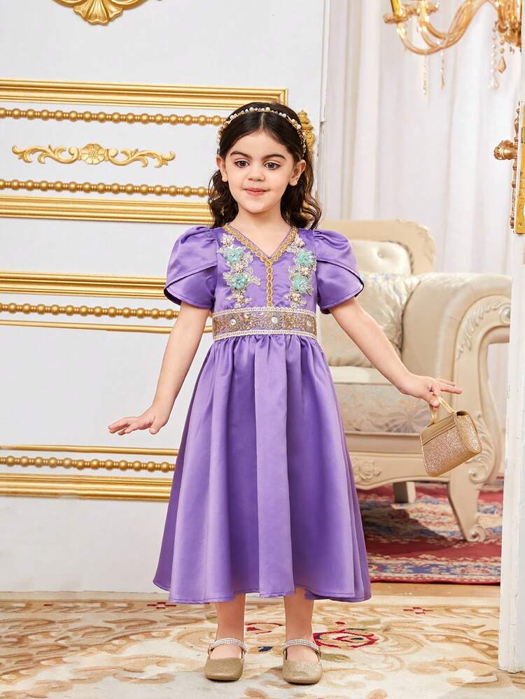 Casual V-Neck Flower Pattern Dress For Young Girls