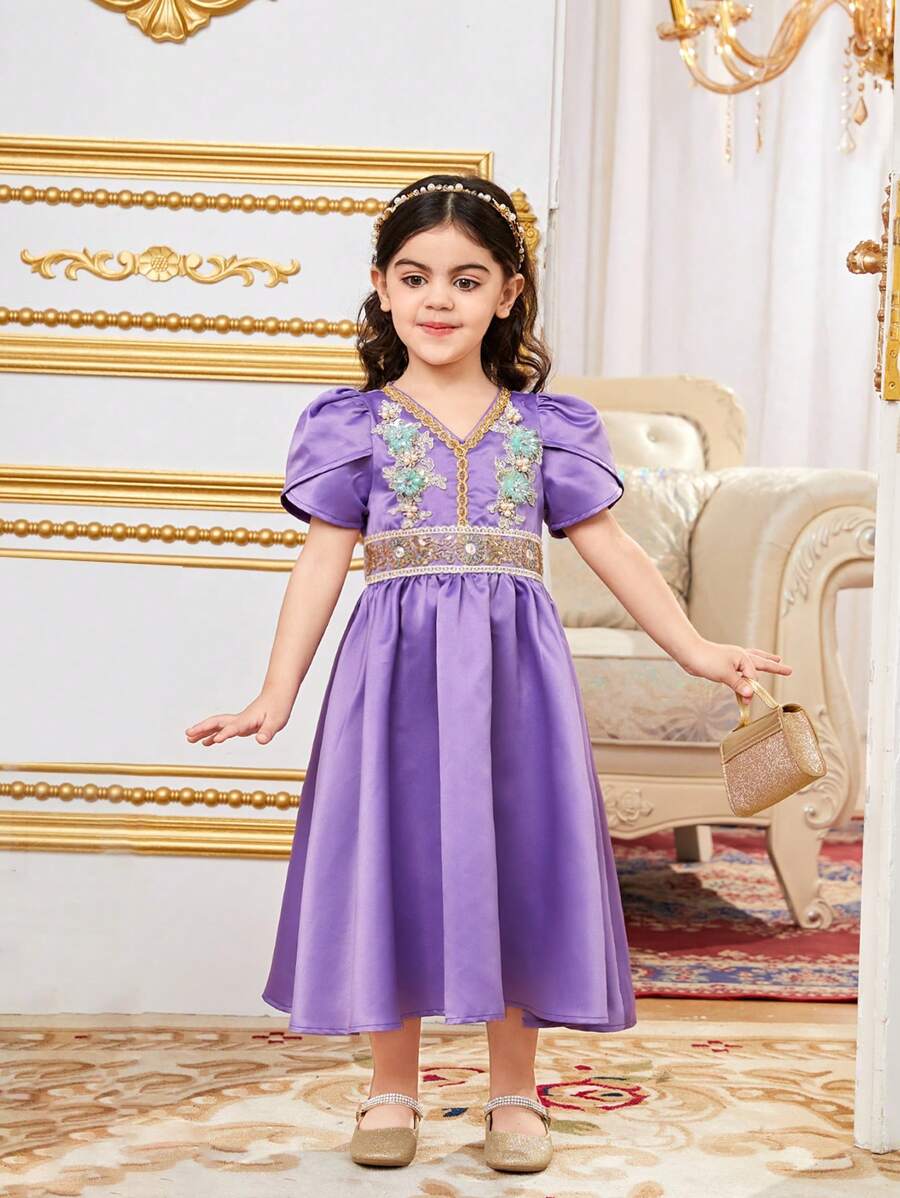 SHEIN Lässiges V-Ausschnitt-Kleid mit Blumenmuster für Kleine Mädchen - Violett - Übersicht 1
