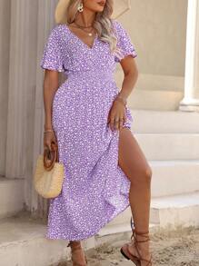 Ceyna 大码女式花卉印花蝙蝠袖腰褶皱短裙长款女式服装 - 紫色 - 查看 3