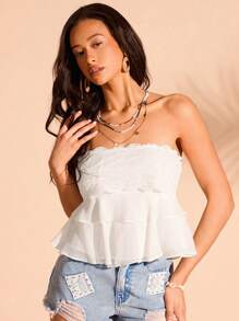 Forever 21 女士白色雪纺褶皱上衣，配荷叶边 - 白色 - 查看 1