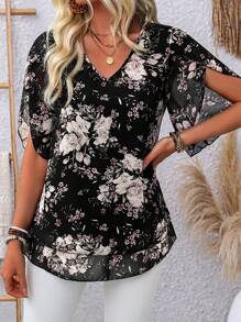 EMERY ROSE Hoa In Cổ chữ V Áo sơ mi Với Ruffled Đối với Giải trí - Đen và trắng - Xem 5