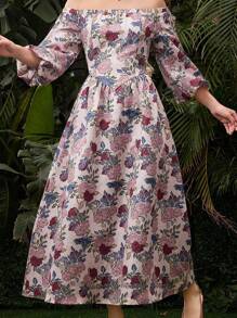 Modelyn Của phụ nữ Hoa In Off-shoulder Tay áo lồng đèn Đầm - Nhiều màu - Xem 3