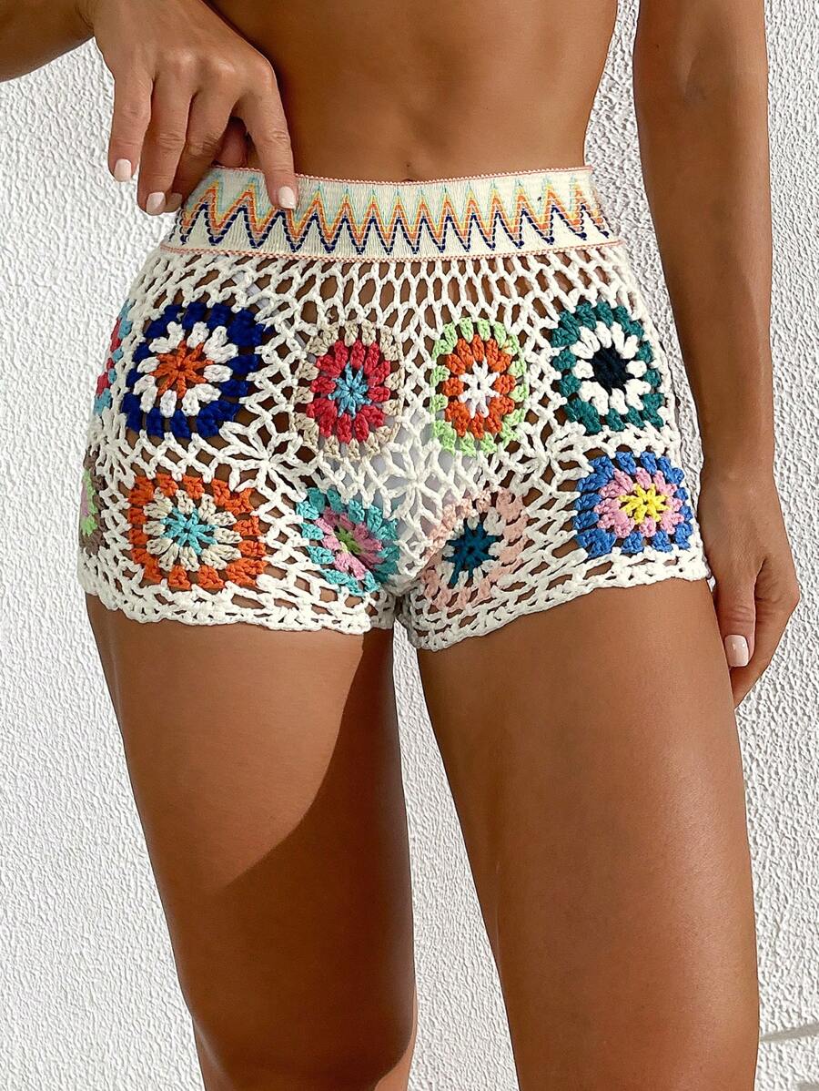SHEIN Swim 夏季沙灘鉤織褲裙(隨機鉤織方塊顏色)