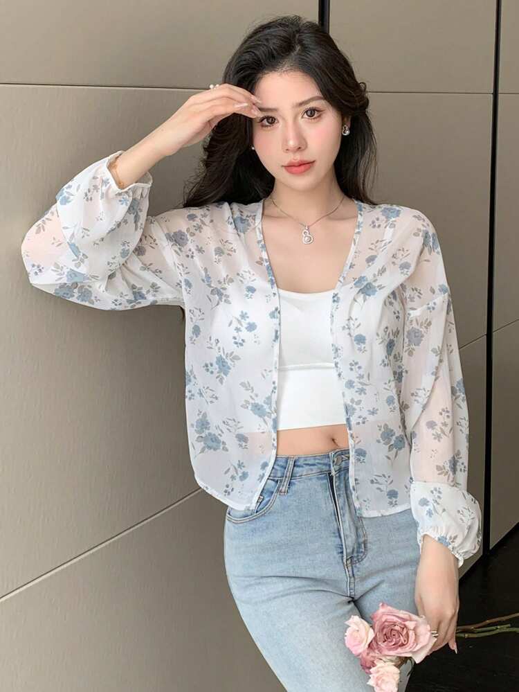 Floral Print Open Front Drop Shoulder Long Sleeve Ladies' Shirt Summer Easter