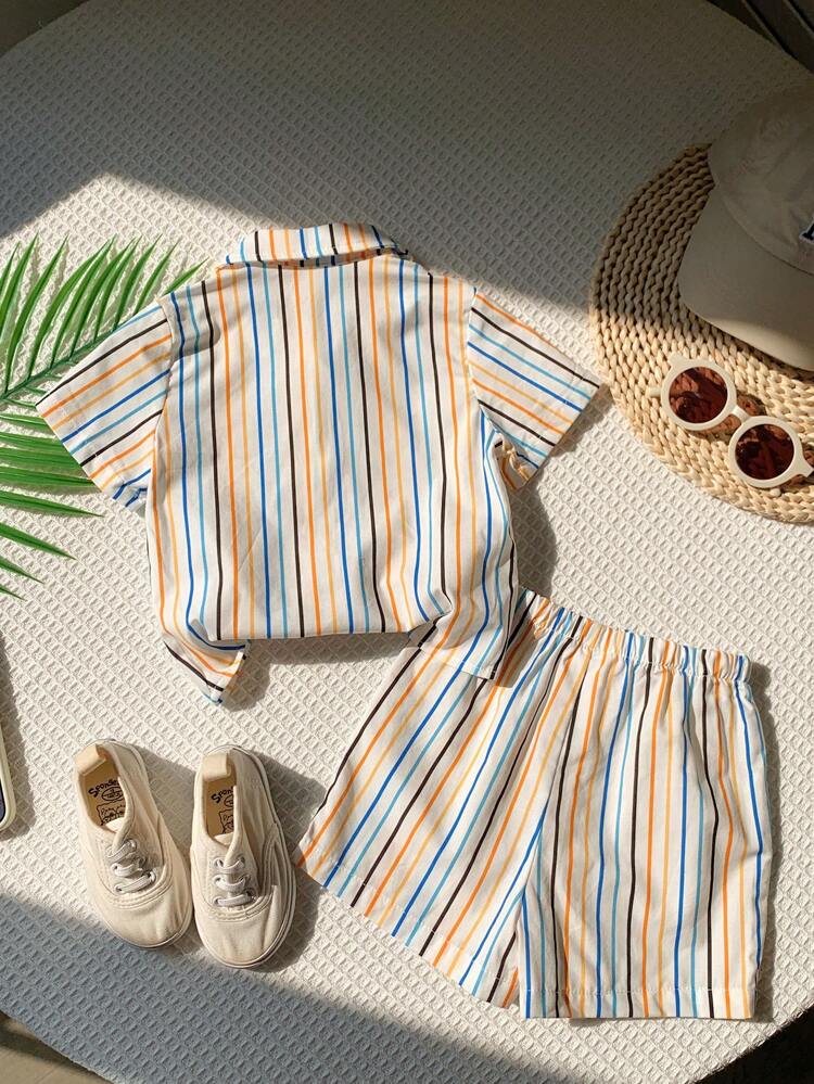 Baby Boy's Casual Colorful Striped Short Sleeve Shirt With Elastic Waist Shorts Set
