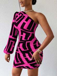 VaVaBold Vestido ajustado de un solo hombro con estampado geométrico - Rosa Fucsia - Ver 6