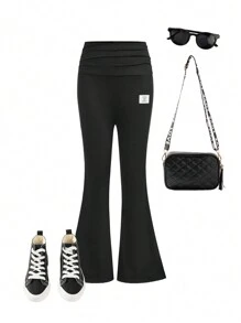 SHEIN Quần dài ống loe xẻ tà dễ thương cho bé gái tuổi teen hàng ngày cạp rộng gấp gấu có gắn nhãn dệt - màu đen - Xem 1