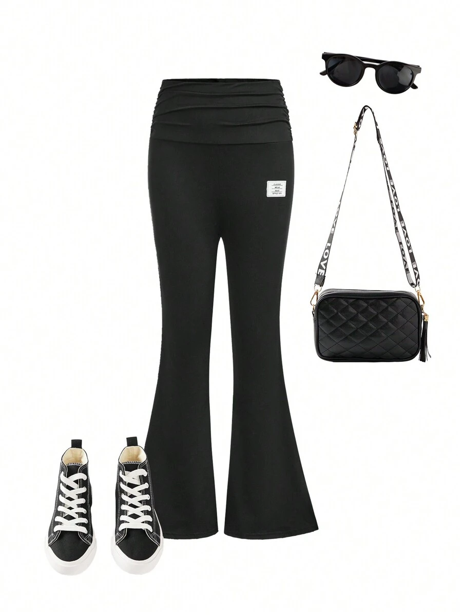 SHEIN Quần dài ống loe xẻ tà dễ thương cho bé gái tuổi teen hàng ngày cạp rộng gấp gấu có gắn nhãn dệt - màu đen - Xem 1