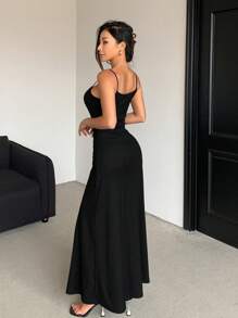 DAZY Einfarbiges langes, schlank geschnittenes Trägerkleid mit Gürtel für Damen als Sommerkleid - Schwarz - Übersicht 2