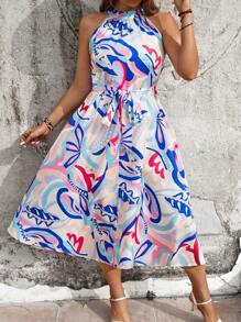 SHEIN Clasi 大尺碼女裝植物印花綁頸無袖假日&休閒長裙 - 彩色 - 查看 4