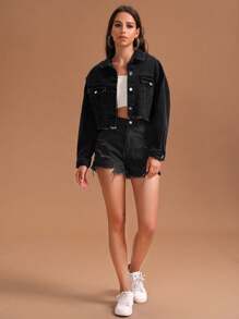 SHEIN Essnce 女裝深色翻領牛仔夾克 - 黑色 - 查看 4