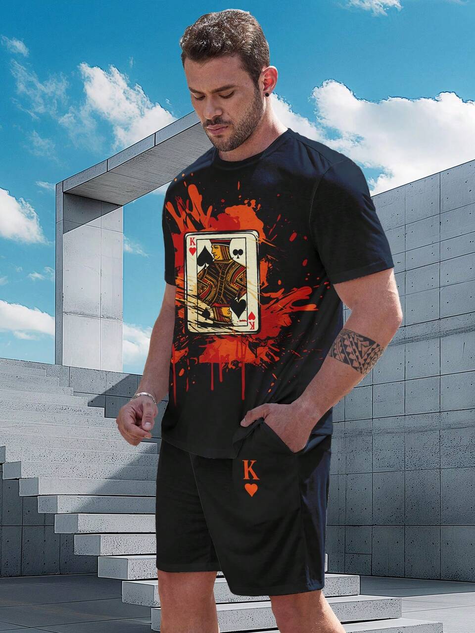 Men's Plus Size Poker Print Short-Sleeve T-Shirt And Shorts Set